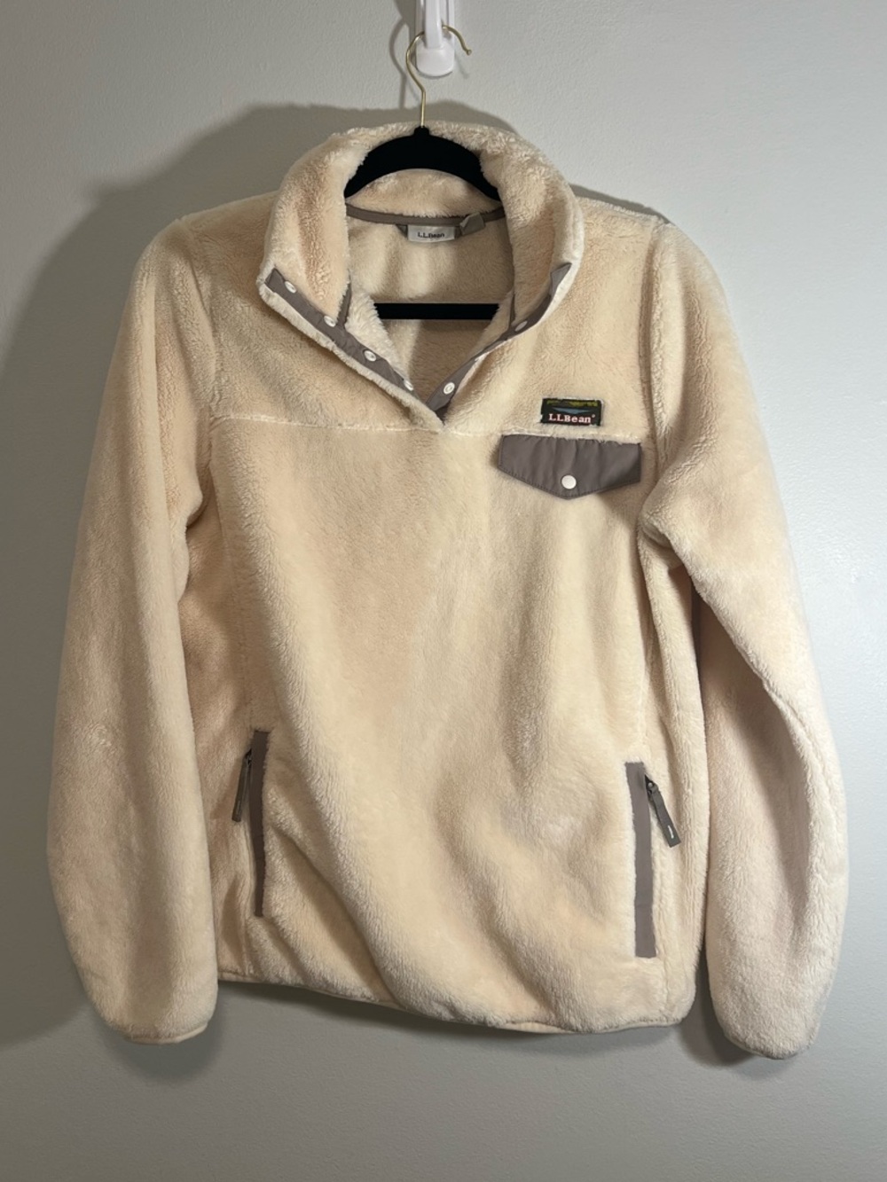L.L.Bean Cream Sherpa Jacket with Tan Trim
